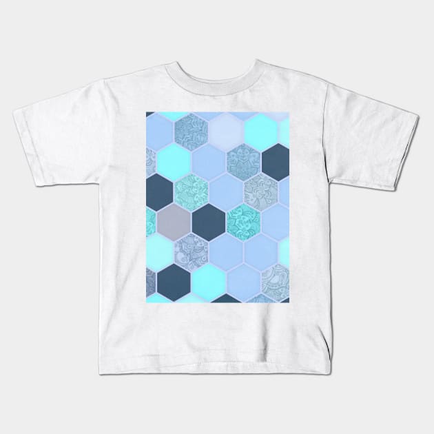 Denim Blue, Aqua & Indigo Hexagon Doodle Pattern Kids T-Shirt by micklyn